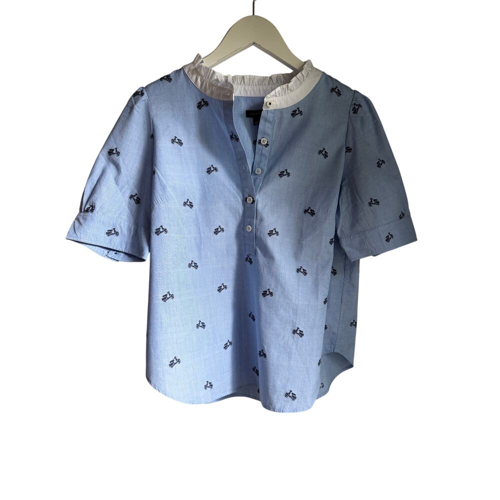 Talbots Vespa Print Ruffle Neck Popover Shirt Blue Size Small